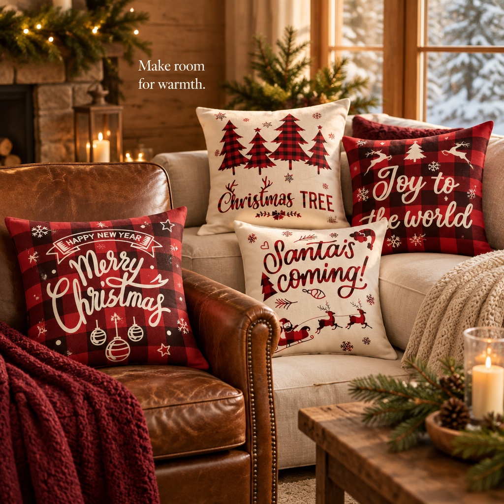 Red & Black Buffalo Check Pillow Covers – Set of 4, 18 × 18 in — in use
