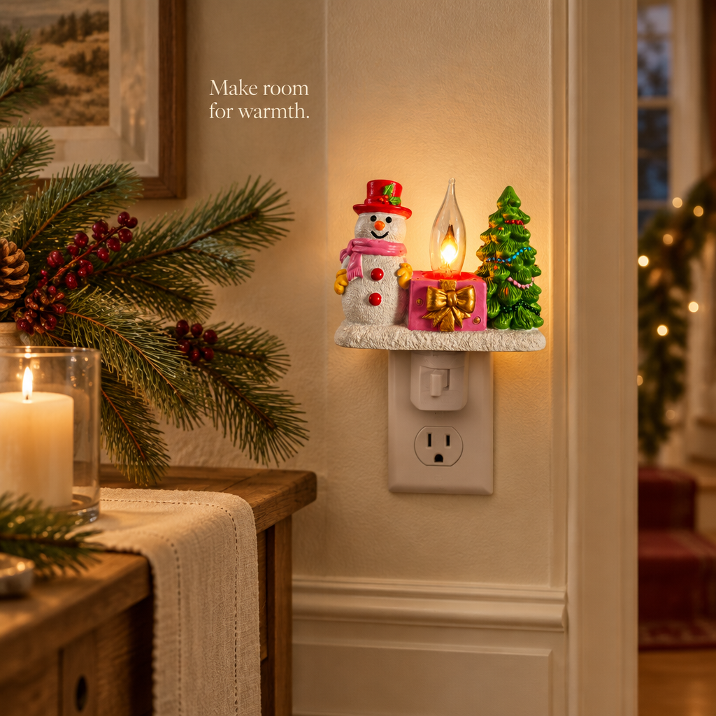Snowman & Tree Campfire Night Light — in use