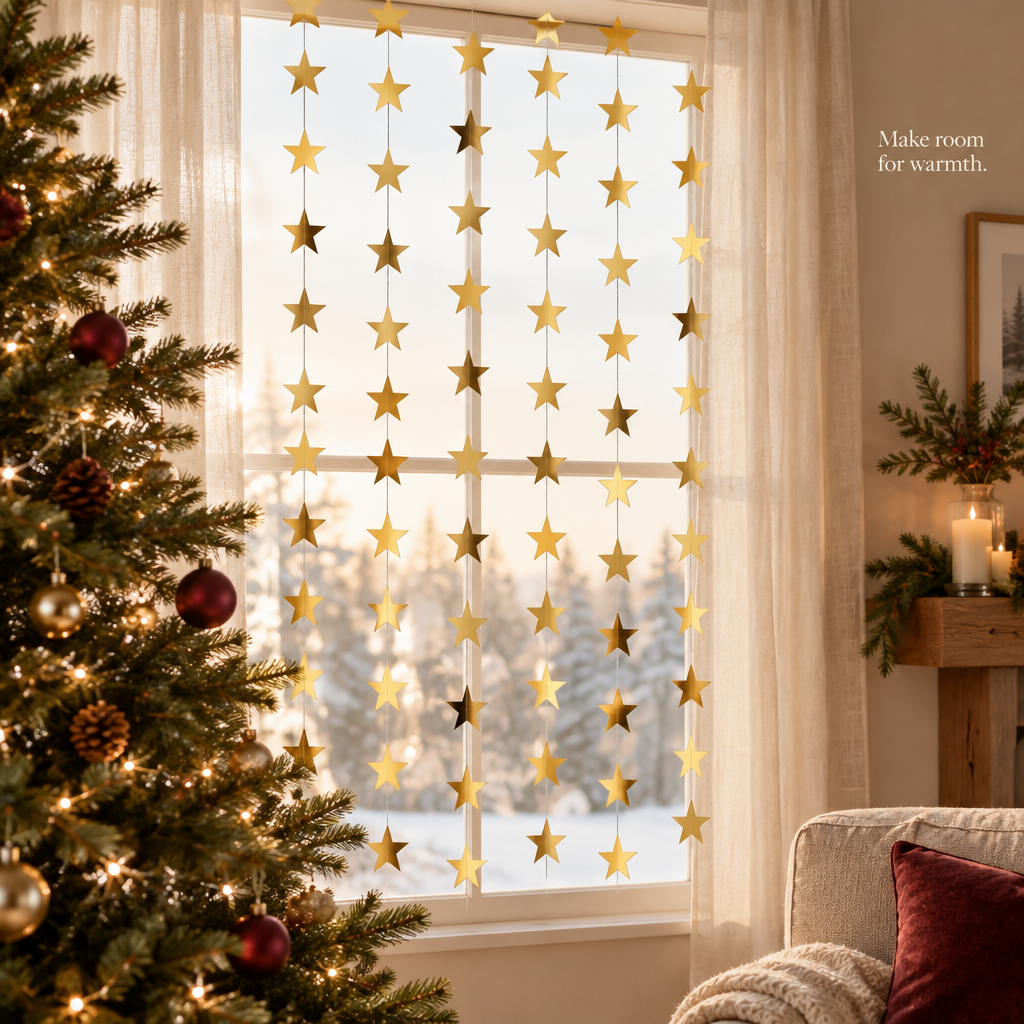 Gold Paper Star Garland – 7 Pack, 13 ft Each — in use