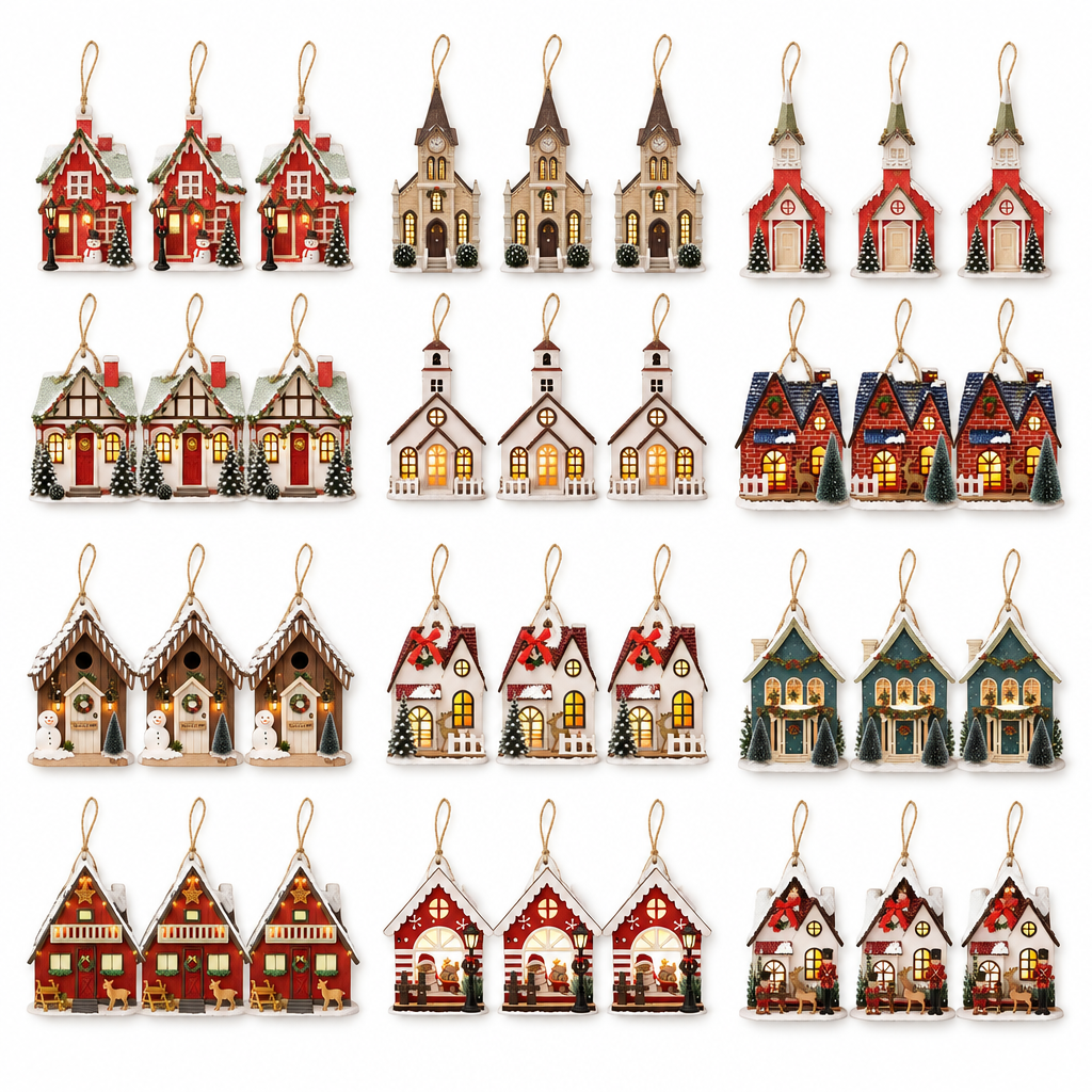 Wooden Snow Village House Ornaments – 36 Pieces — product