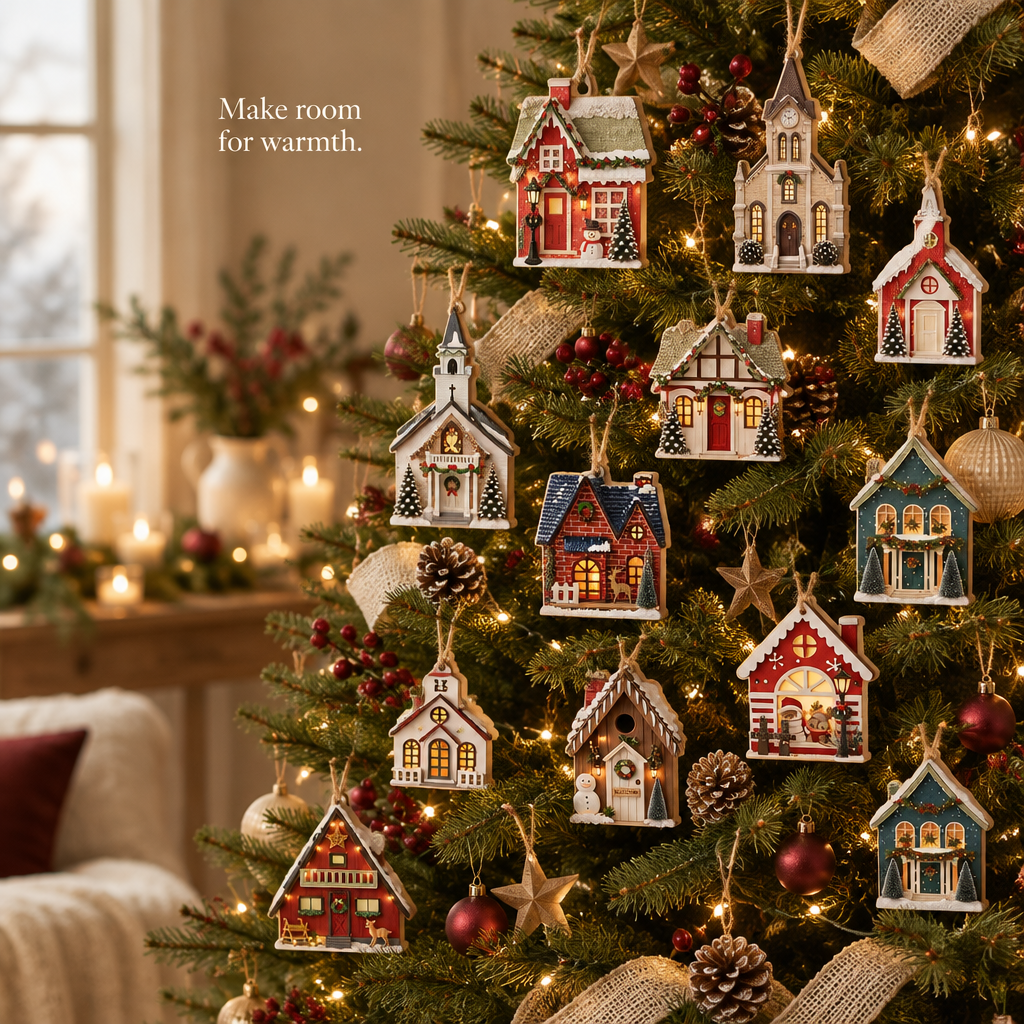 Wooden Snow Village House Ornaments – 36 Pieces — in use