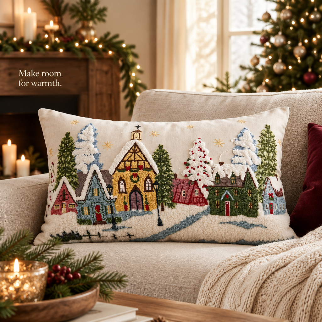Snowy Christmas Village Lumbar Pillow Cover – 12 × 20 — in use