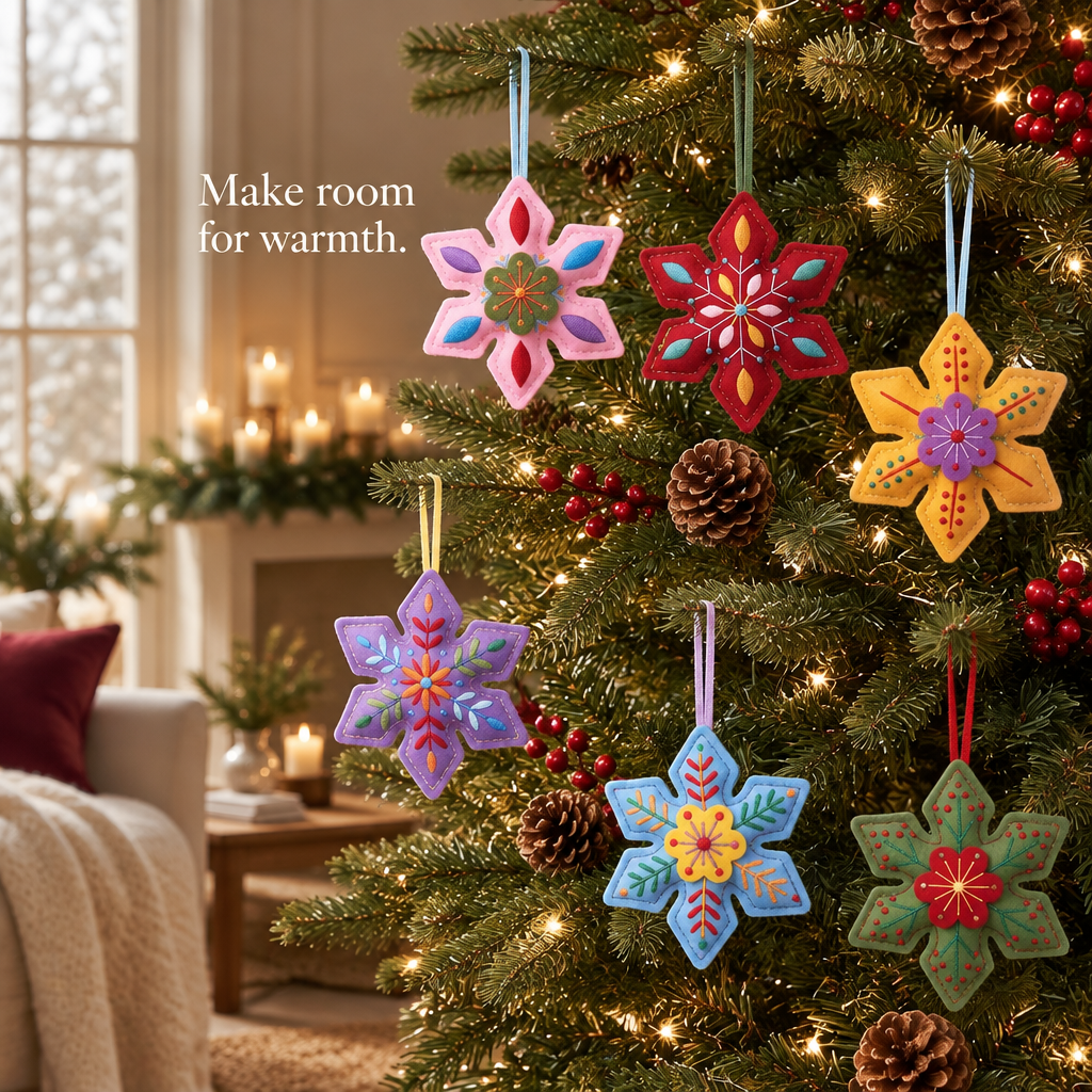 Embroidered Felt Snowflake Ornaments – 12 Pack — in use