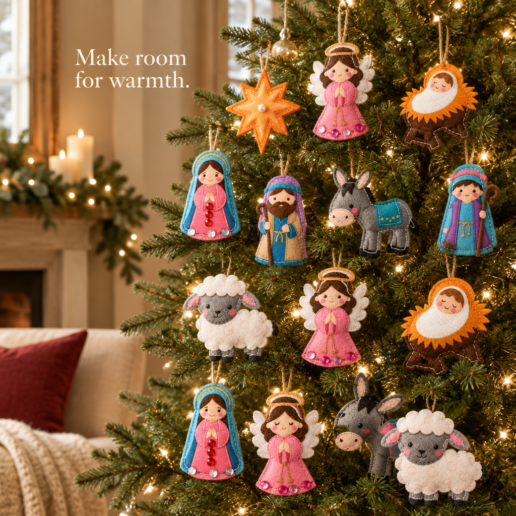 Nativity Felt Christmas Tree Ornaments – 24 Pack — in use
