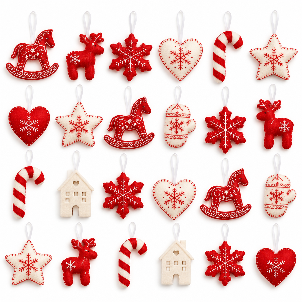Red & White Nordic Felt Christmas Ornaments – 24 Pack — product