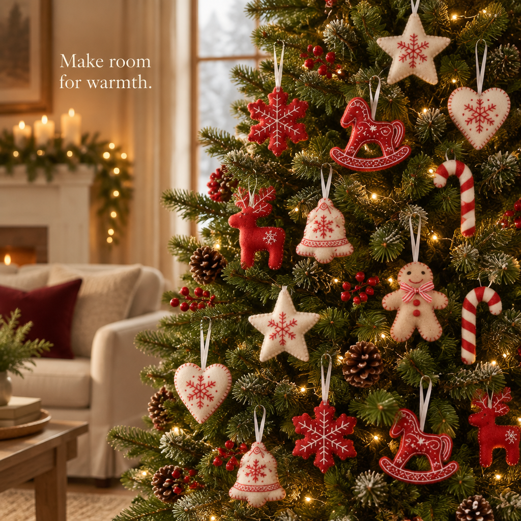 Red & White Nordic Felt Christmas Ornaments – 24 Pack — in use
