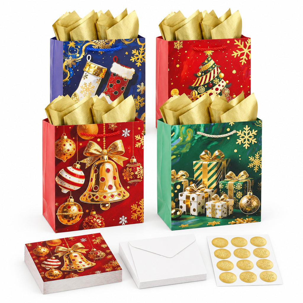 Gold Foil Christmas Gift Bag Set – 4 Pack — product