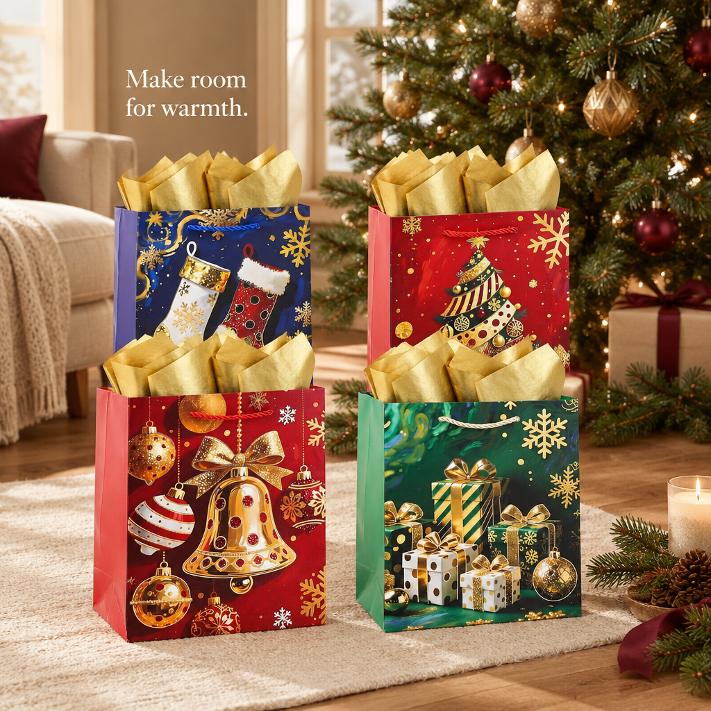 Gold Foil Christmas Gift Bag Set – 4 Pack — in use