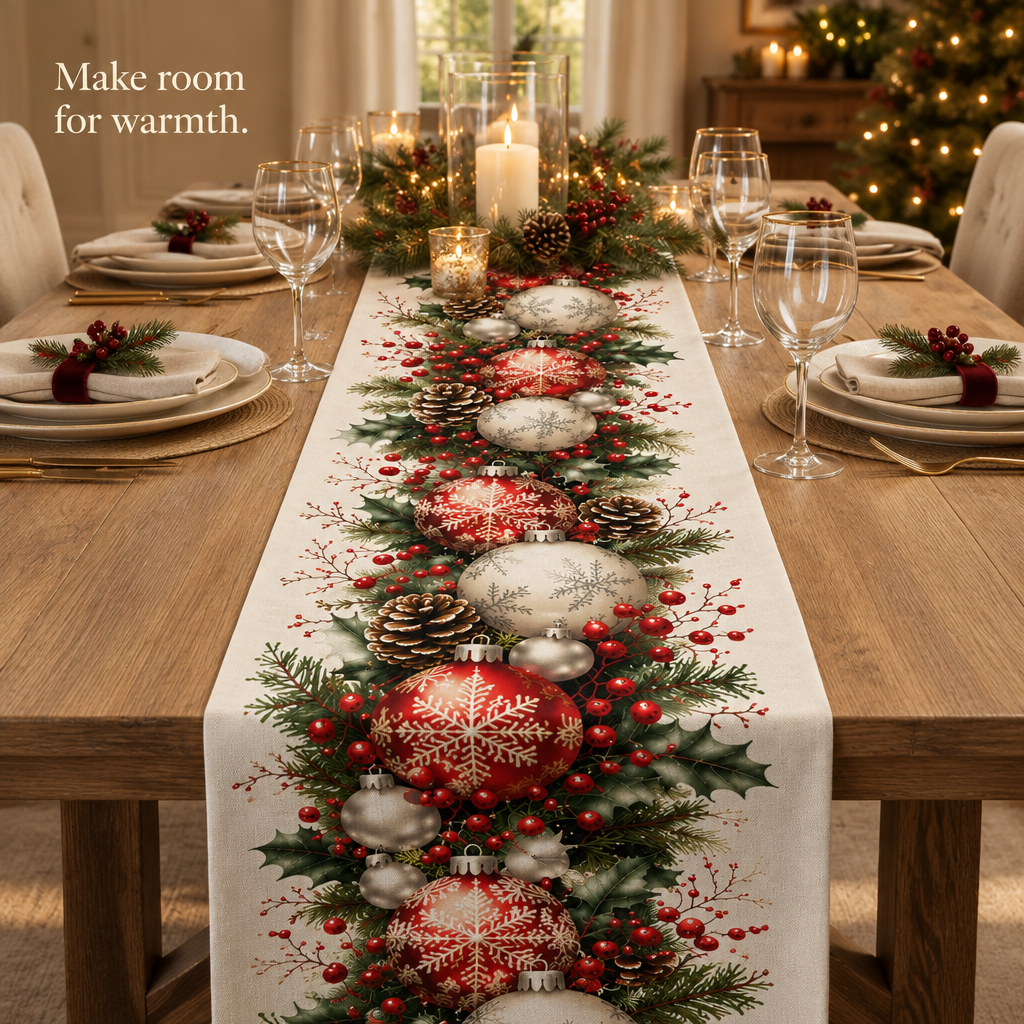 Vintage Christmas Ornament Table Runner — in use