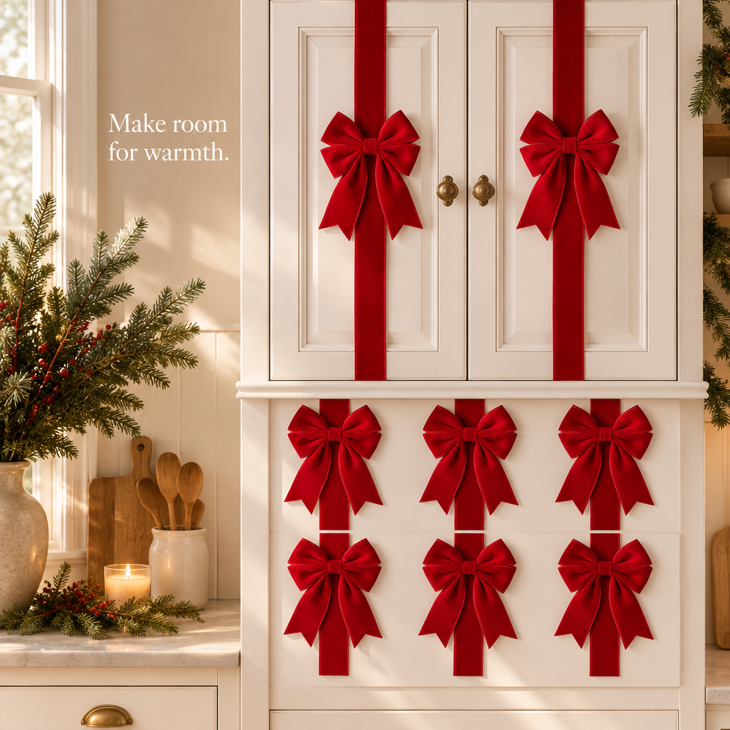 Red Velvet Christmas Cabinet Bows – 6 Pack — in use