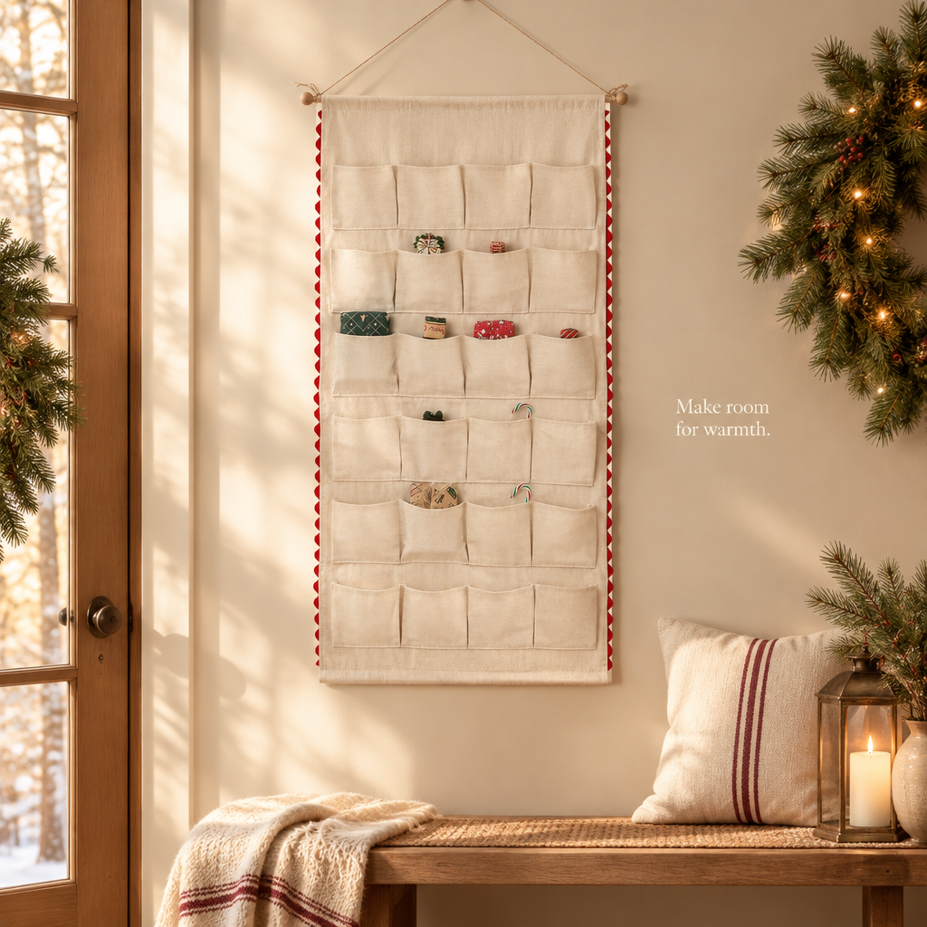 Canvas Hanging Advent Calendar with Red Rick Rack — in use