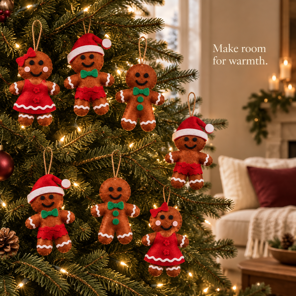 Gingerbread Felt Christmas Ornaments – 8 Pack — in use