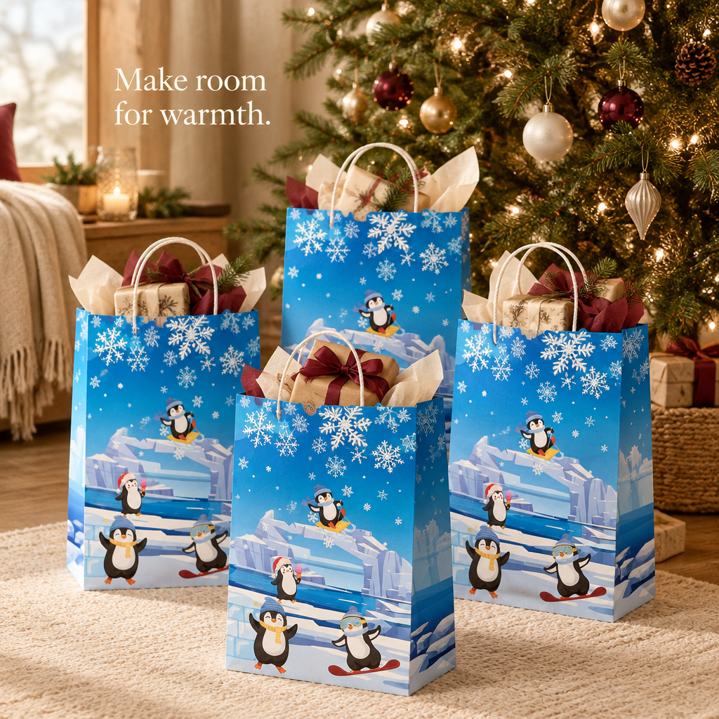 Penguin & Snowflake Paper Gift Bags – 16 Pack — in use