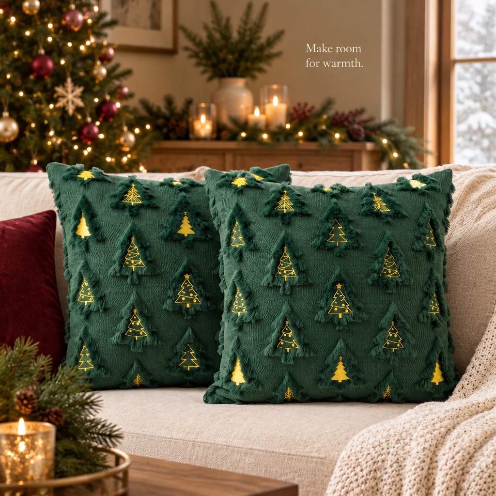Green Christmas Tree Pillow Covers – 2 Pack, 18 × 18 — in use