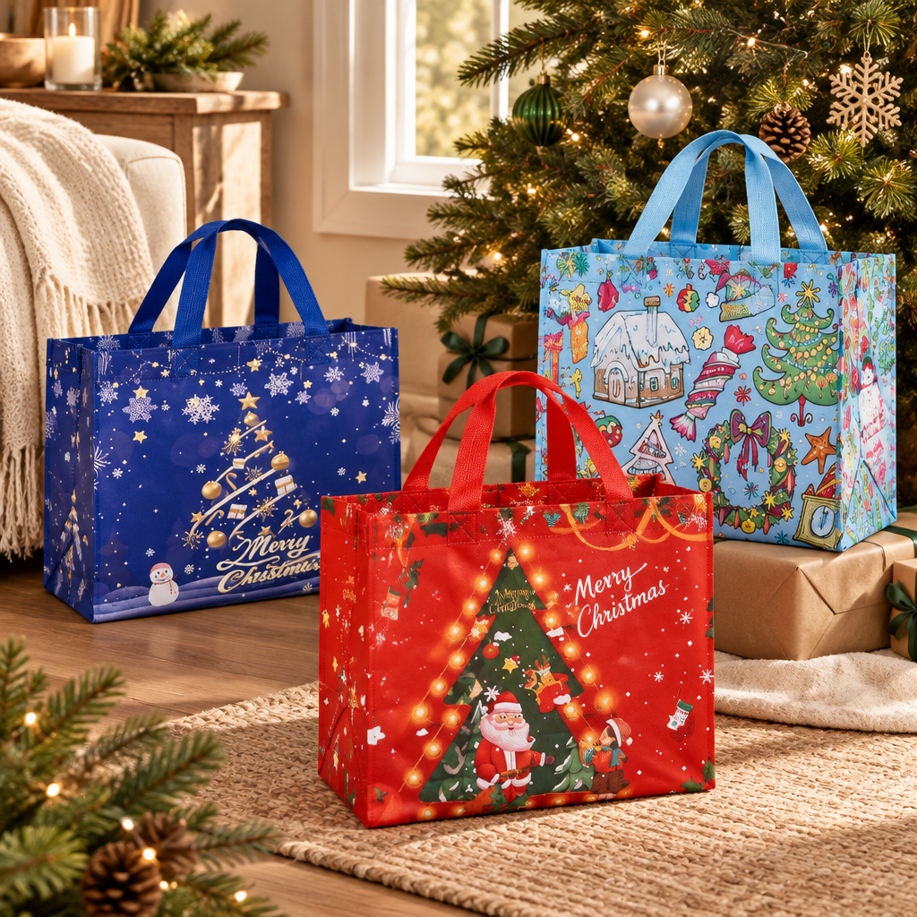 Reusable Christmas Gift Bags with Handles – 12 Pack — in use