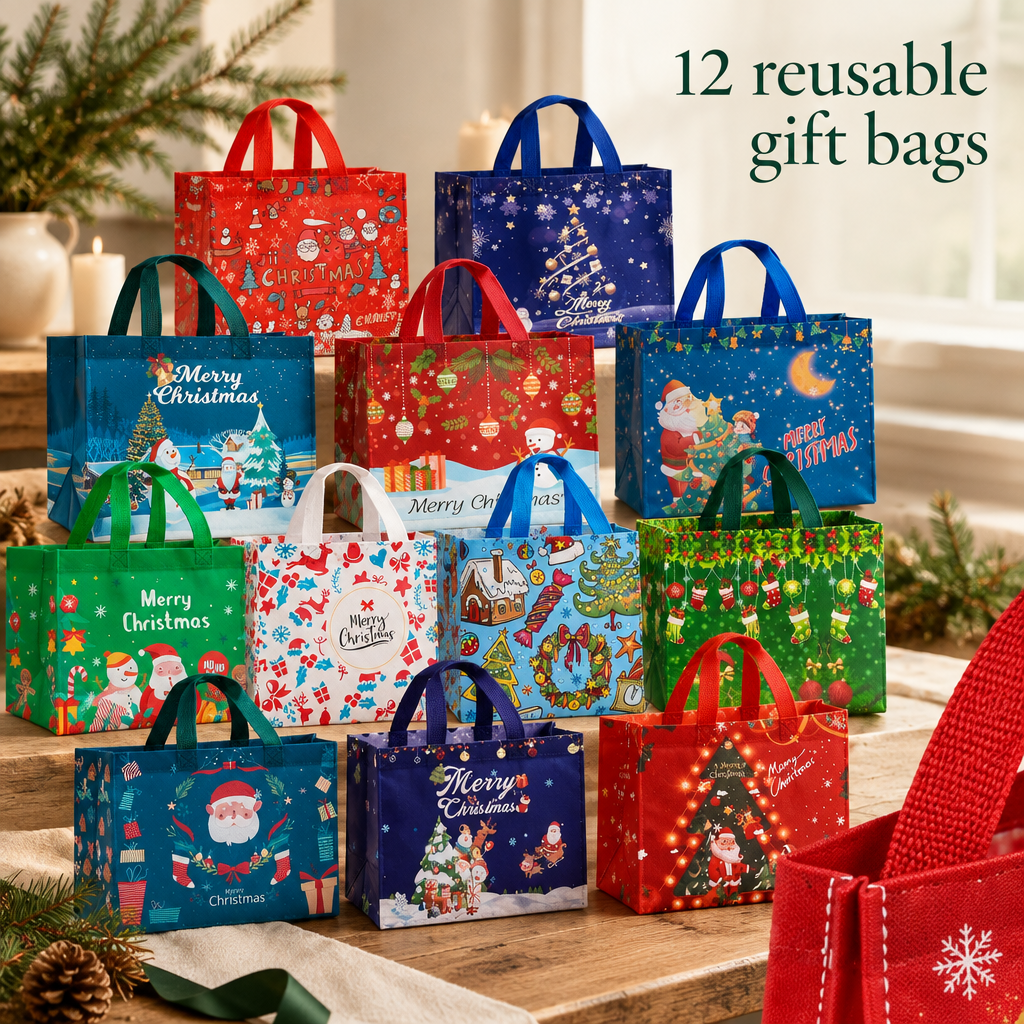 Reusable Christmas Gift Bags with Handles – 12 Pack — detail