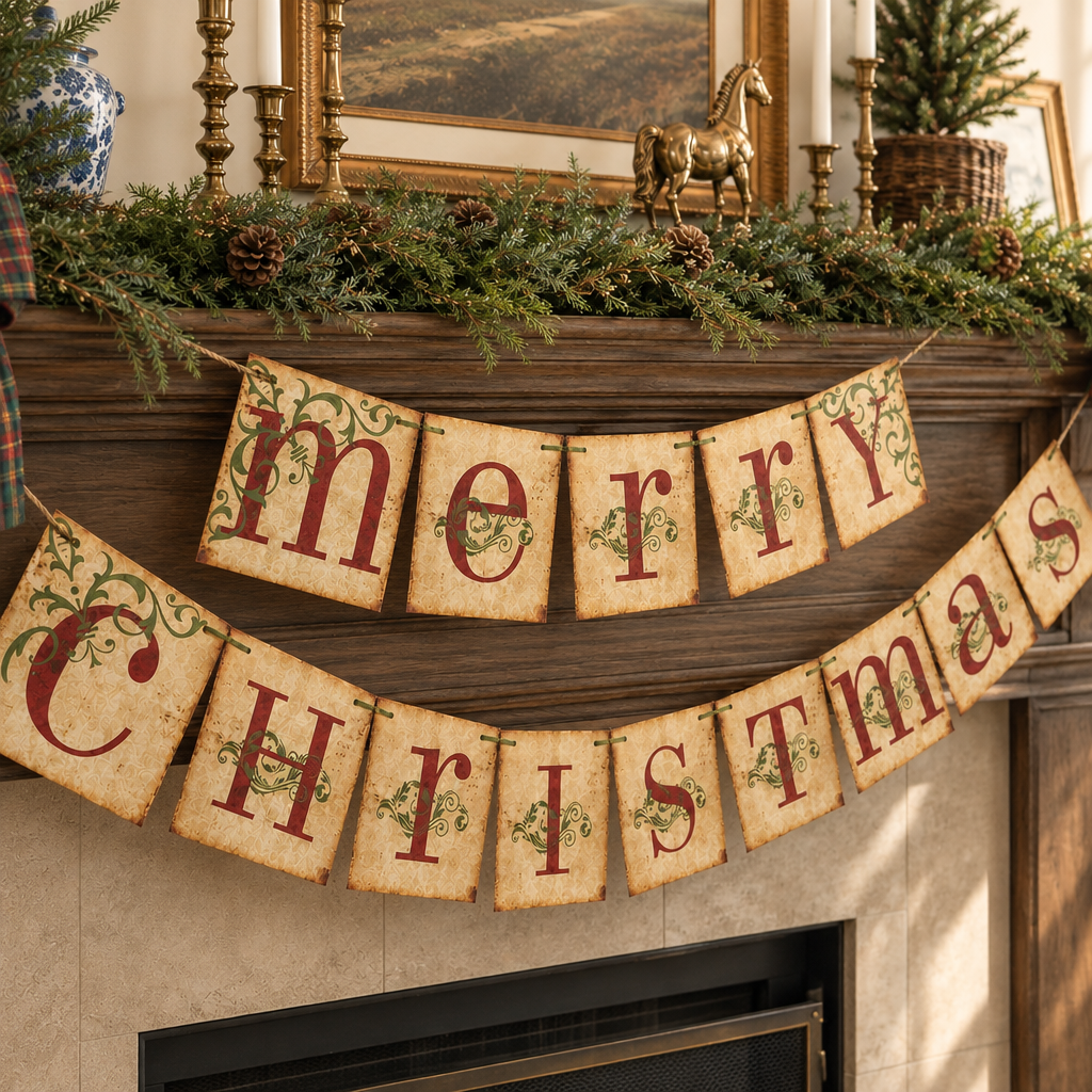 Vintage Merry Christmas Banner – Festive Hanging Garland — in use