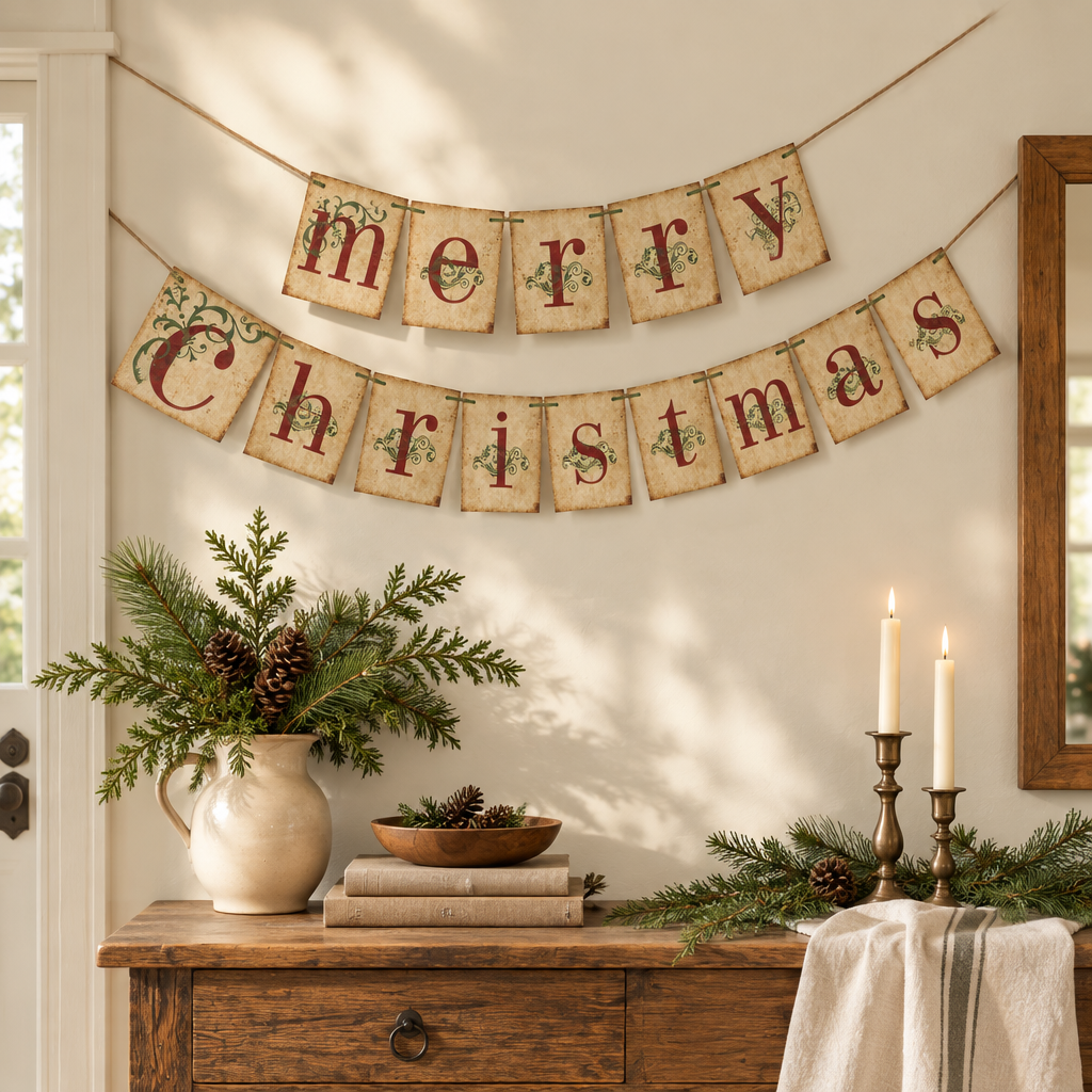 Vintage Merry Christmas Banner – Festive Hanging Garland — seasonal styling