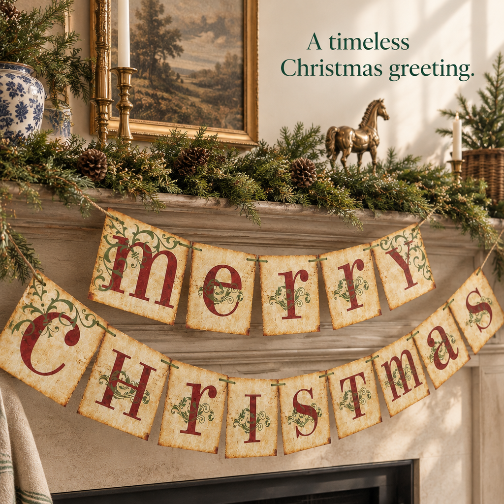 Vintage Merry Christmas Banner – Festive Hanging Garland — detail