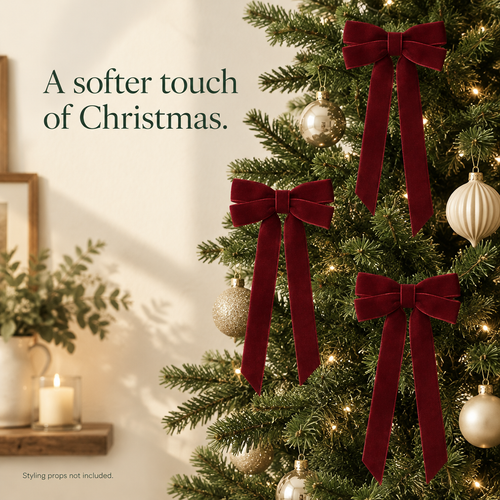 Burgundy Velvet Christmas Tree Bows – 12 Pack, 5 × 10 in — styled in a home