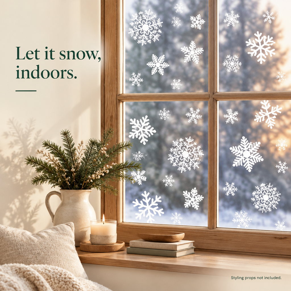 White Snowflake Christmas Window Clings – 135 Piece Set — styled in a home