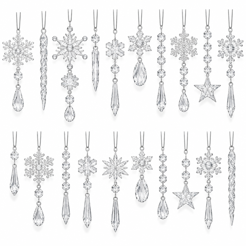 Clear Acrylic Snowflake & Icicle Christmas Ornaments – 20 Piece Set — product