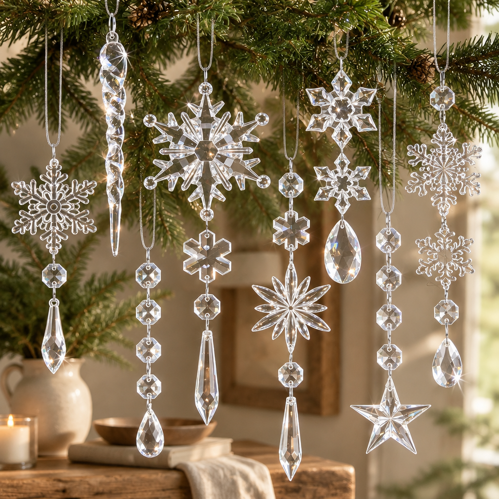 Clear Acrylic Snowflake & Icicle Christmas Ornaments – 20 Piece Set — in use