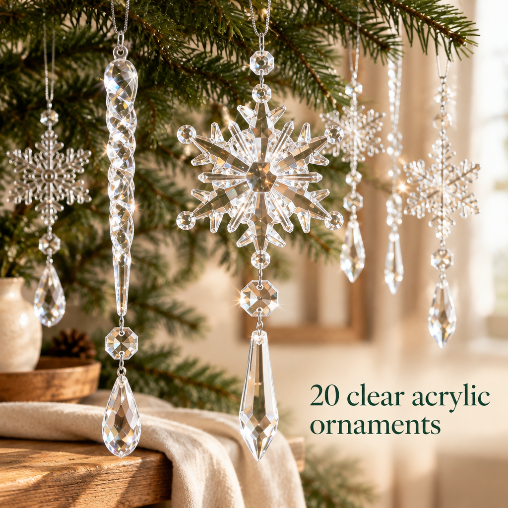 Clear Acrylic Snowflake & Icicle Christmas Ornaments – 20 Piece Set — detail
