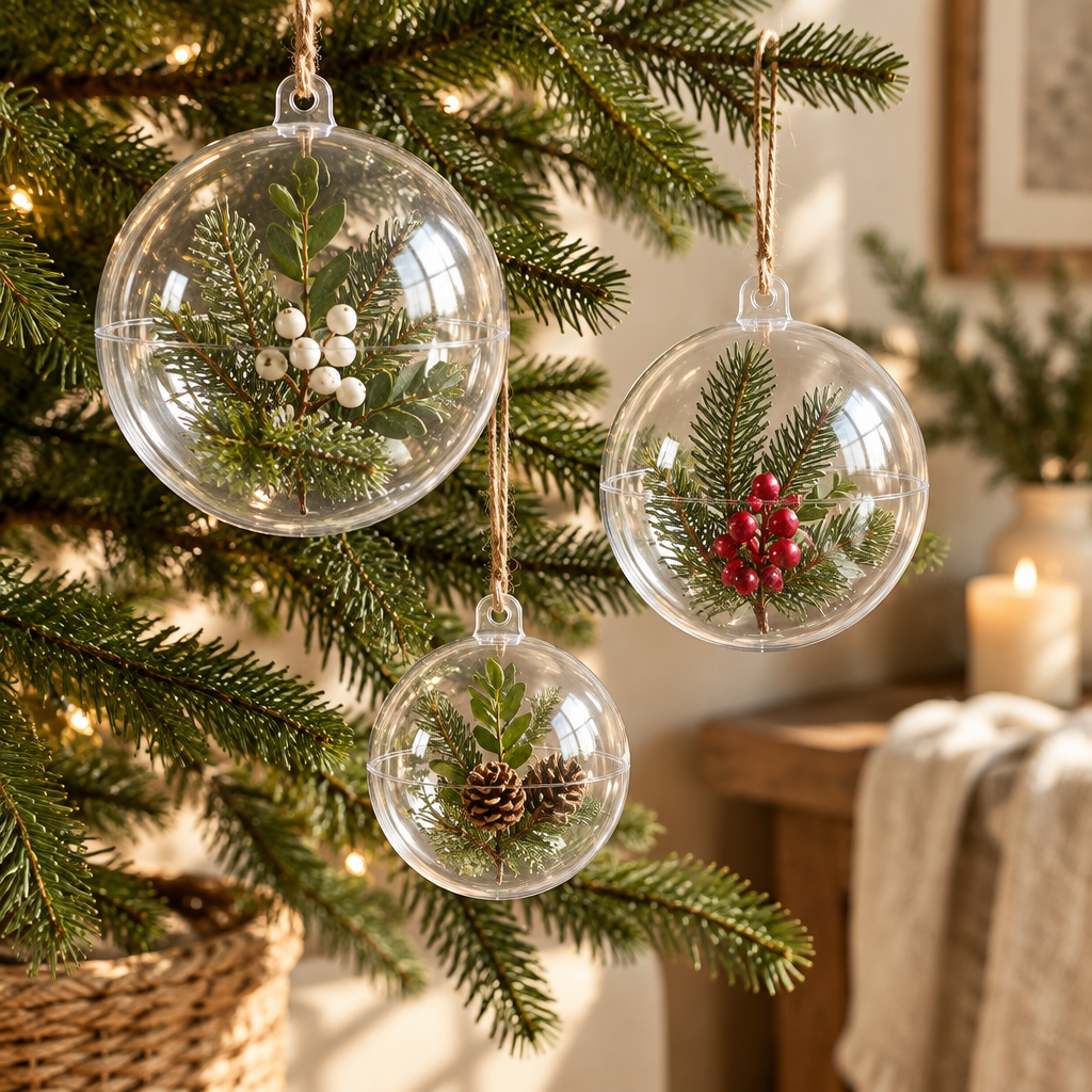 Clear Fillable Christmas Baubles – 25 Ornaments, 5 Sizes — in use