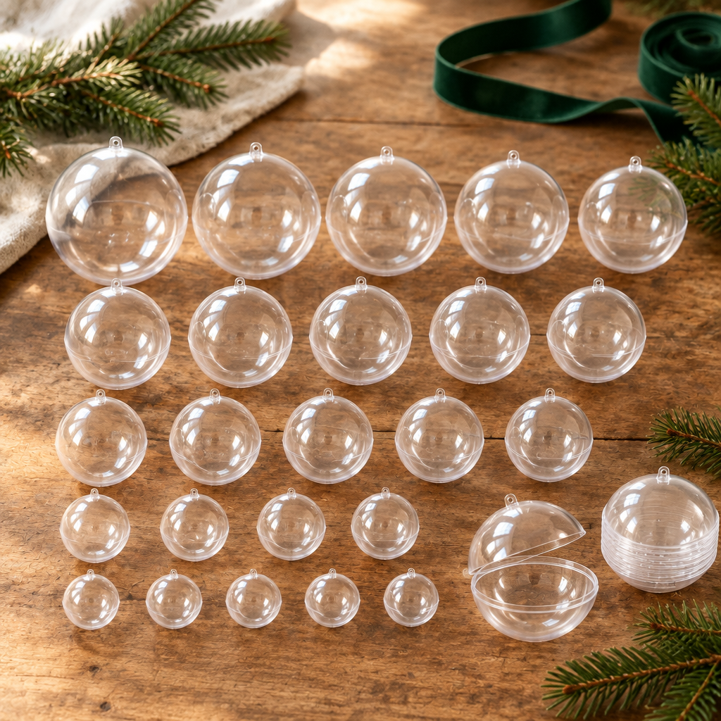 Clear Fillable Christmas Baubles – 25 Ornaments, 5 Sizes — seasonal styling