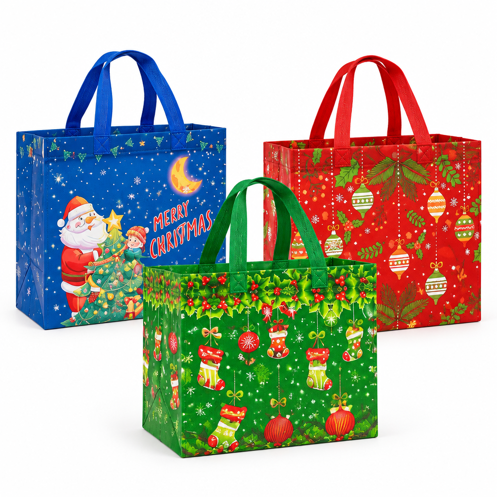 Three designs from the 12-piece Christmas gift bag assortment