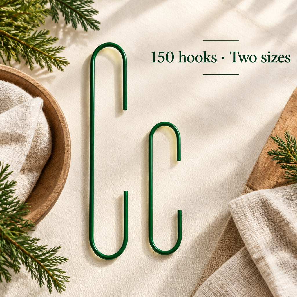 Green Christmas Ornament Hooks – 150 Pack, Two Sizes