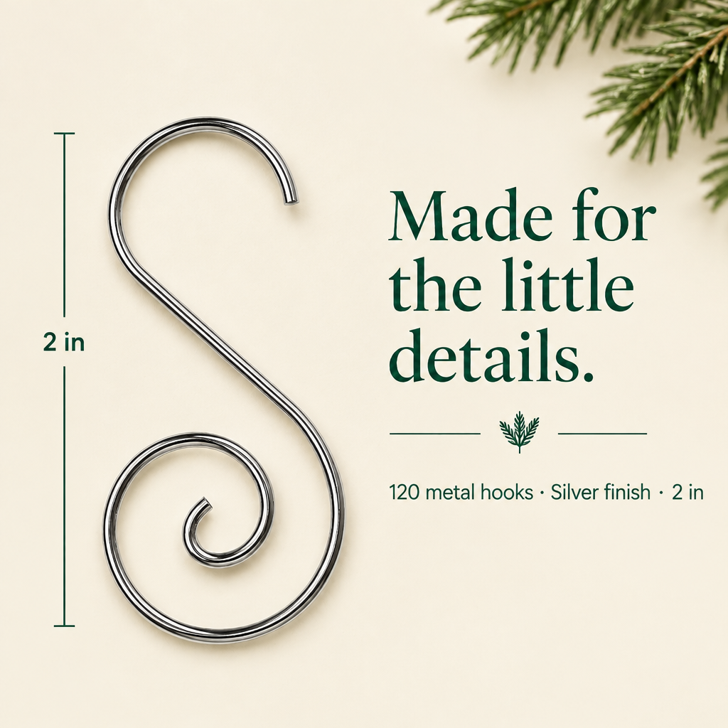 Silver S-Shaped Christmas Ornament Hooks – 120 Pack, 2 in — product details