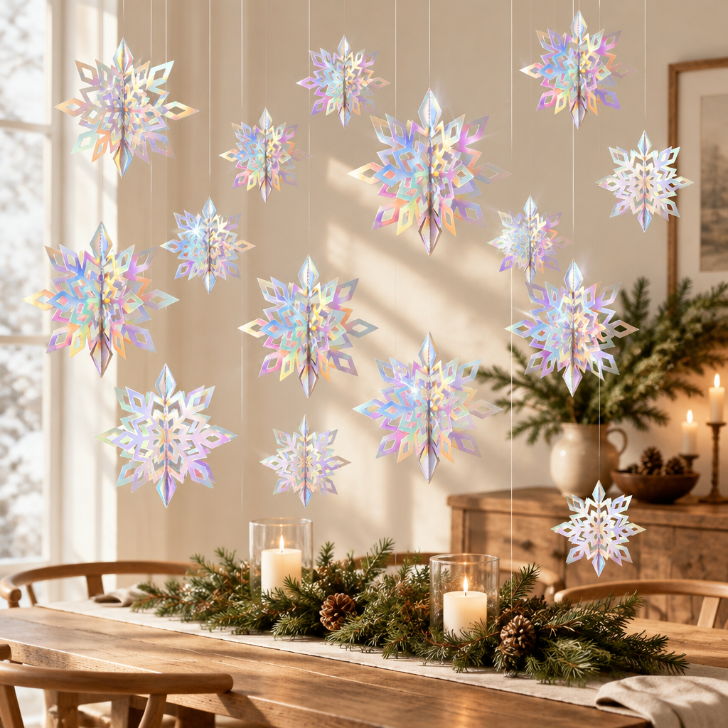 Iridescent 3D Hanging Snowflakes – 15 Piece Set — seasonal styling