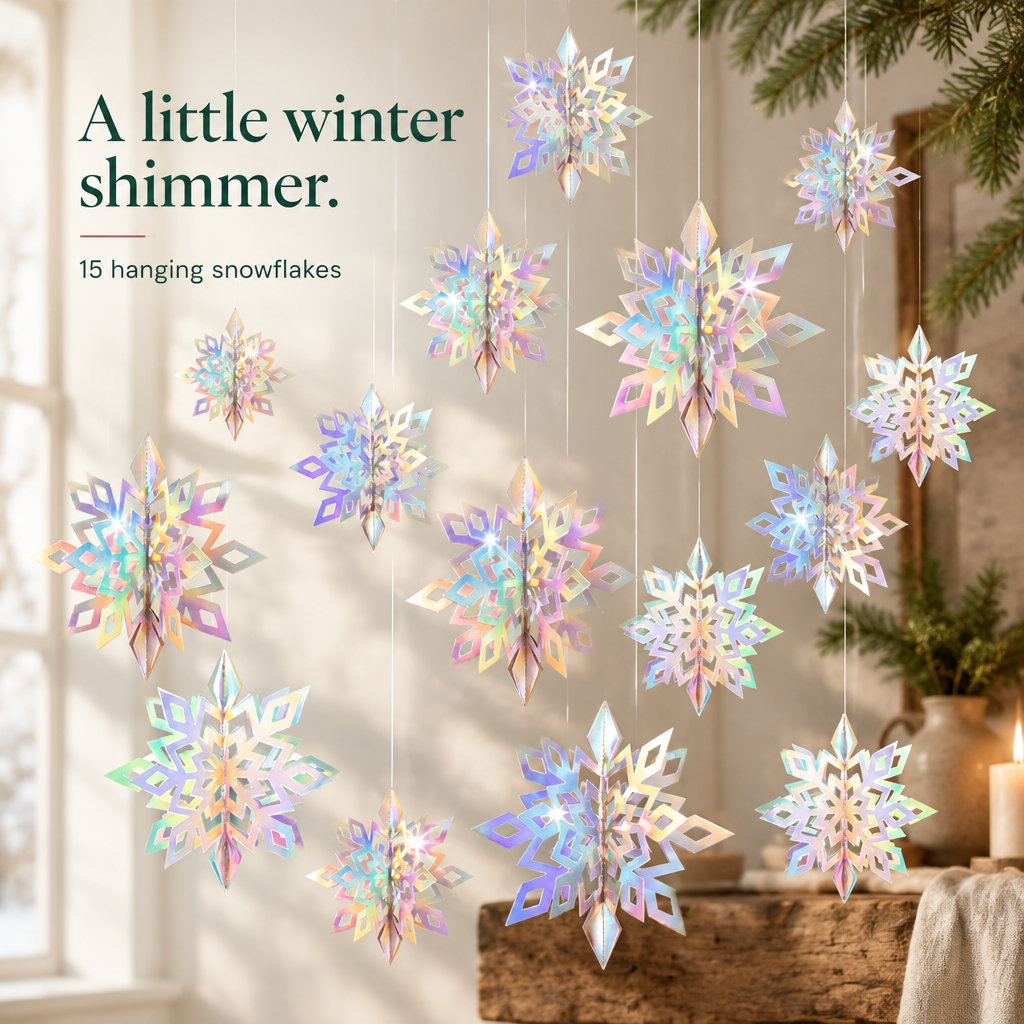 Iridescent 3D Hanging Snowflakes – 15 Piece Set — detail