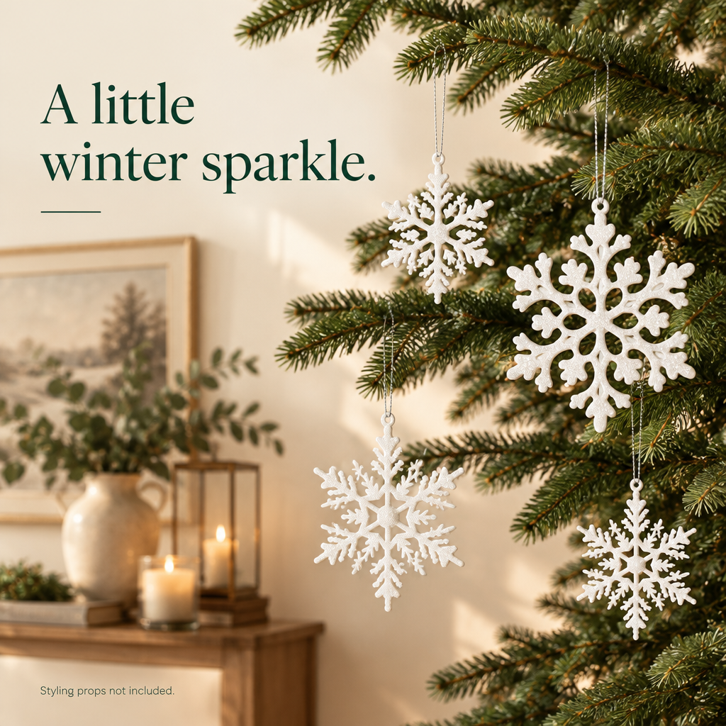 White Glitter Snowflake Christmas Ornaments – 36 Piece Set — styled in a home
