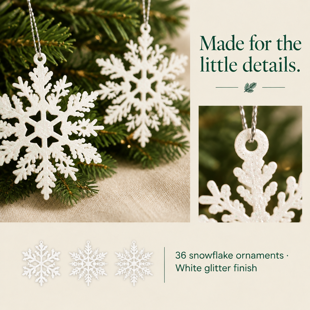 White Glitter Snowflake Christmas Ornaments – 36 Piece Set — product details