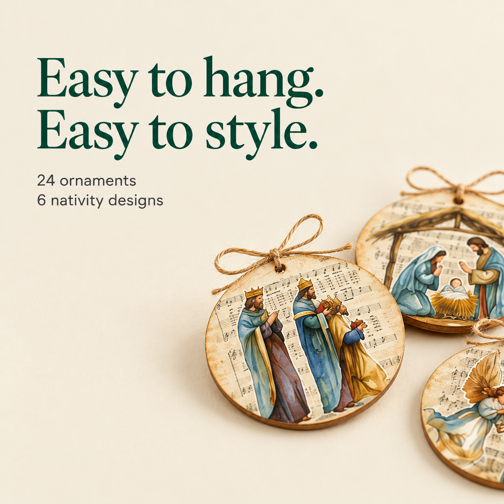 Vintage Star Nativity Wooden Ornaments – 24 Pack — details