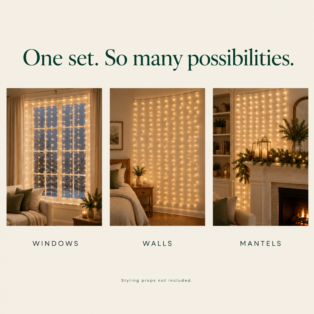 Warm White Curtain Lights with Timer – 9.8 × 9.8 ft, 300 LEDs — possibilities