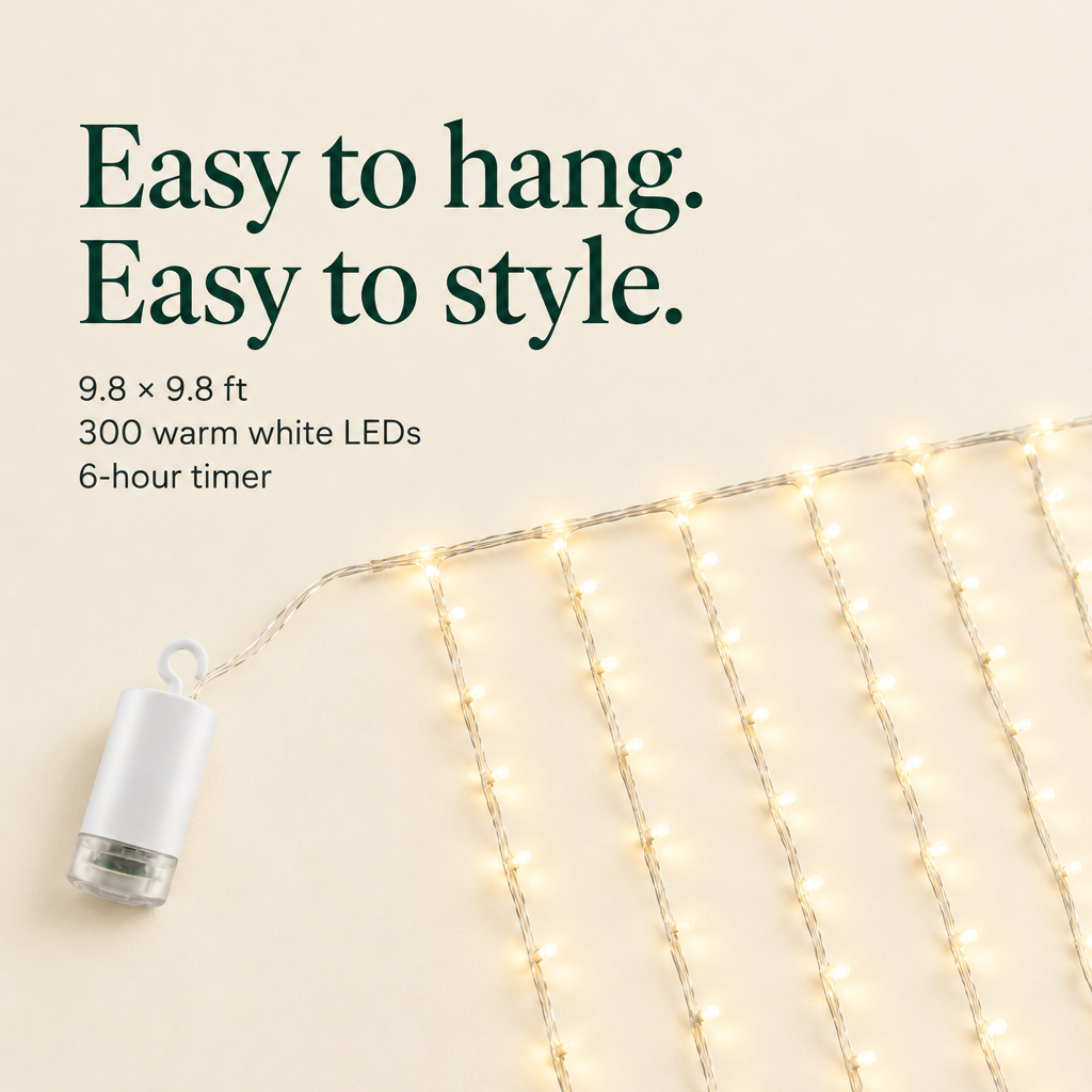 Warm White Curtain Lights with Timer – 9.8 × 9.8 ft, 300 LEDs — details