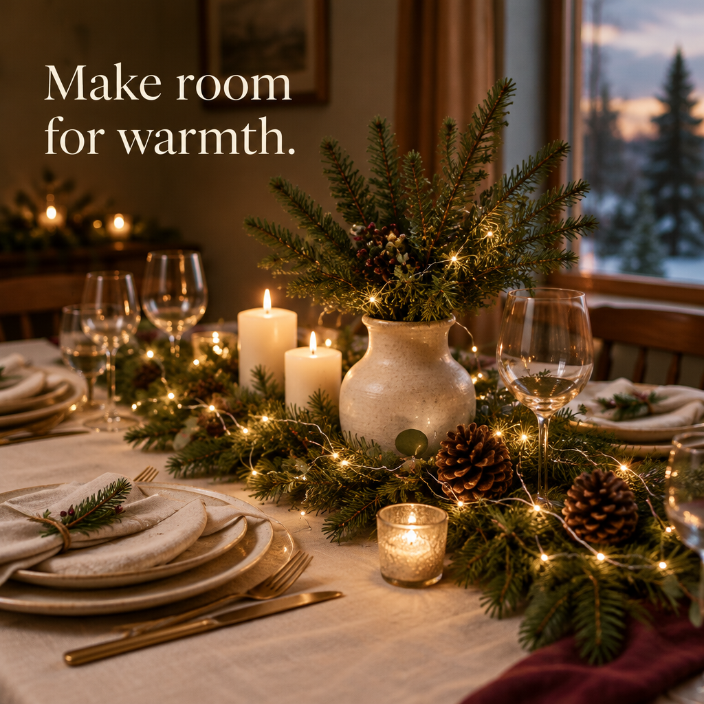 Warm white fairy lights woven into a Christmas table centerpiece