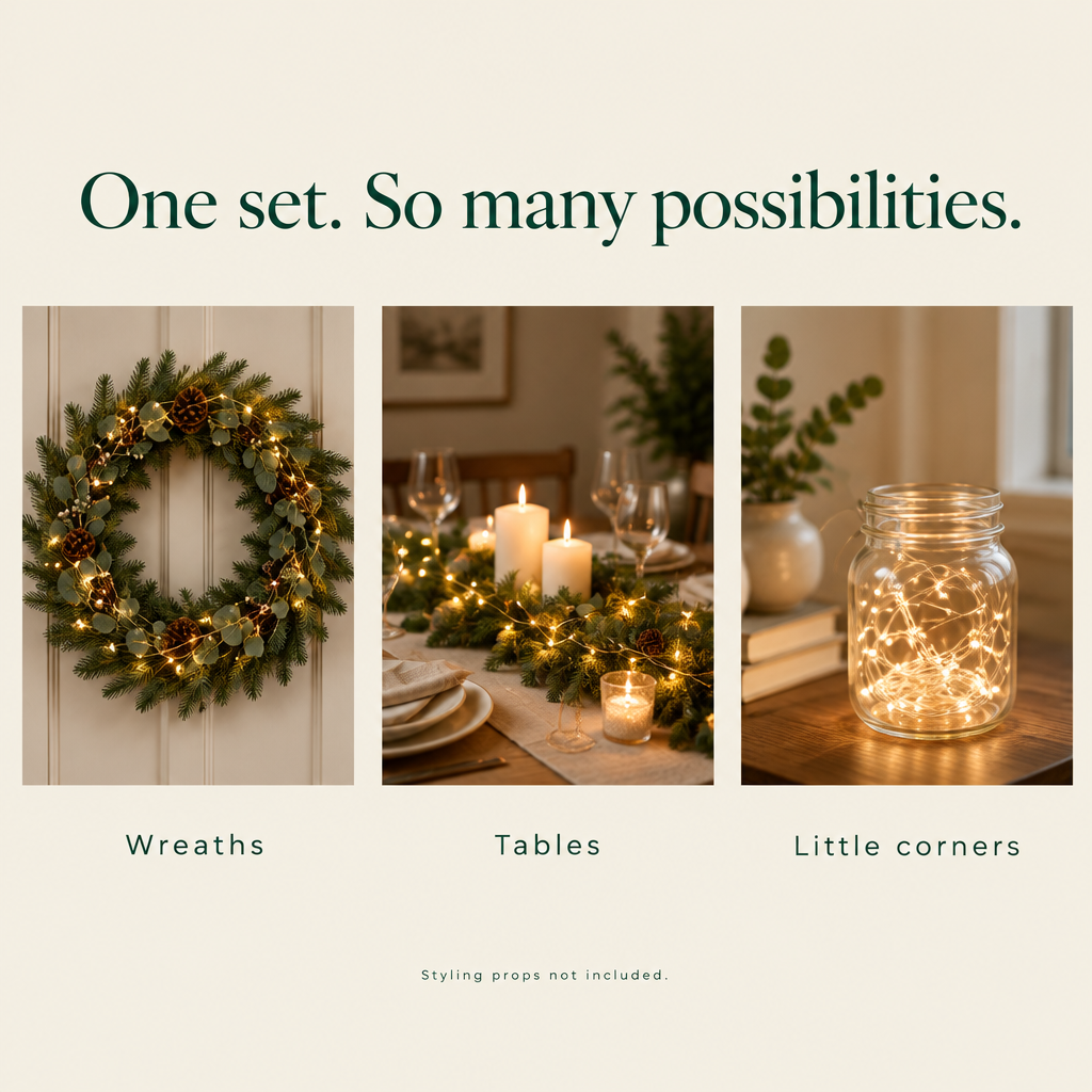 Fairy lights styled on a wreath, table centerpiece and in a decorative jar