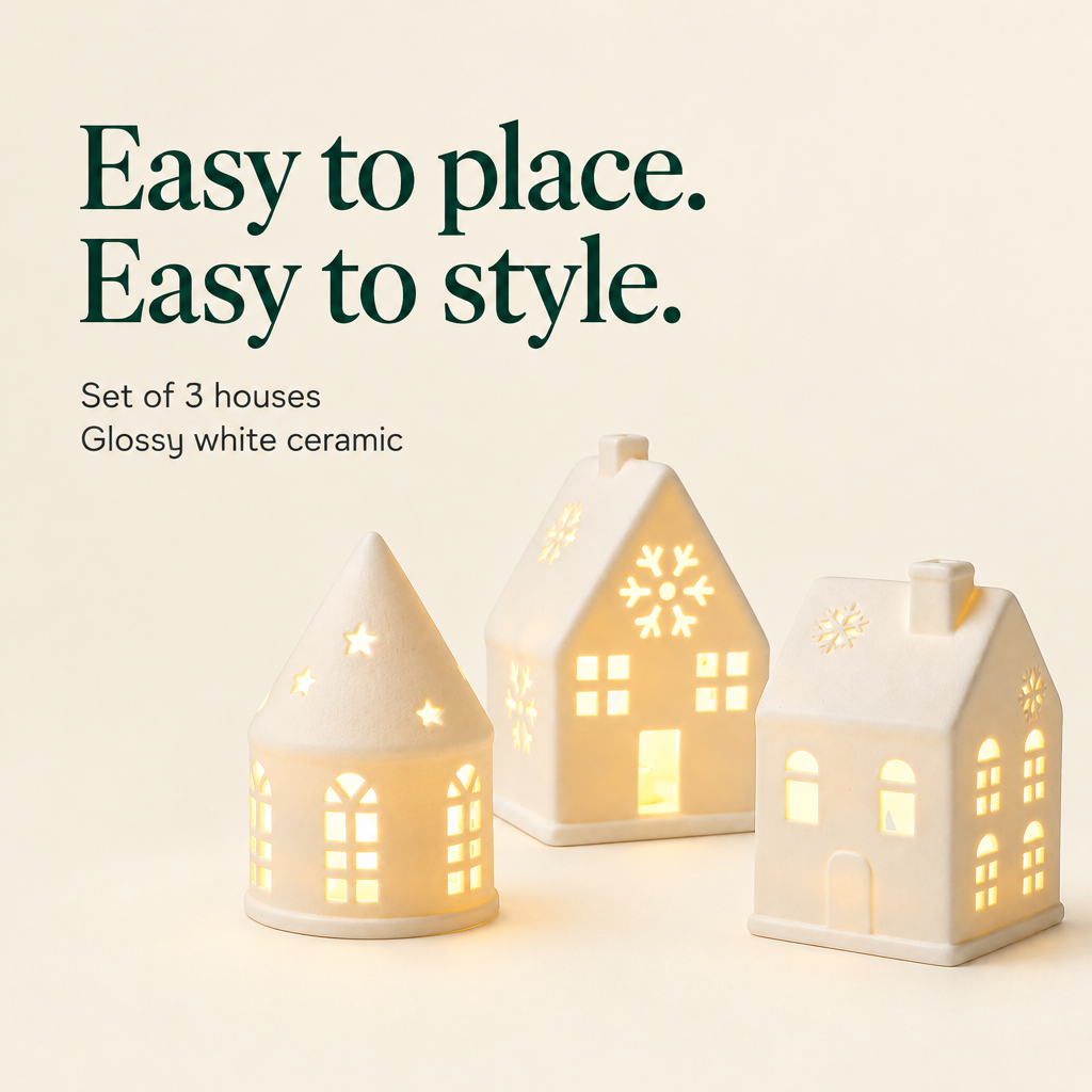 White Ceramic Christmas Village Houses – Set of 3 — details