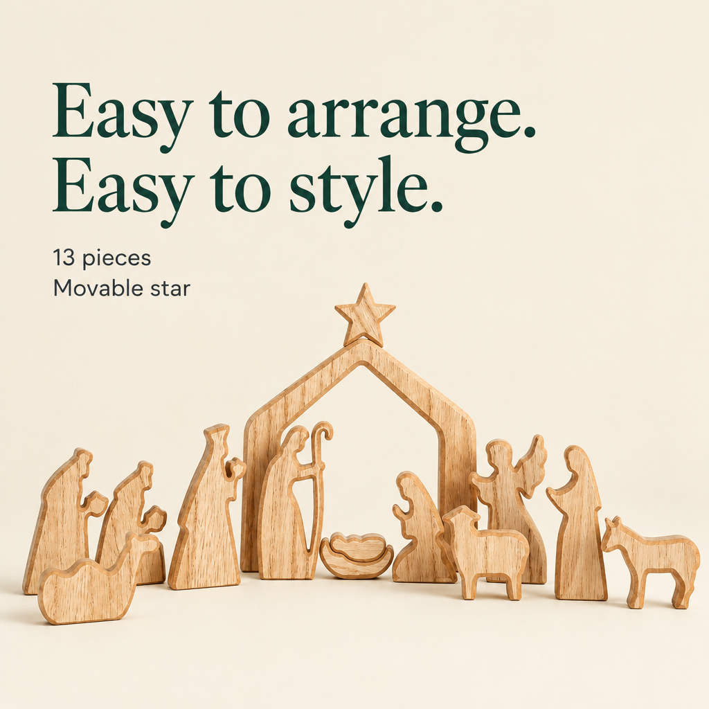 Wooden Christmas Nativity Scene Set – 13 Pieces — details