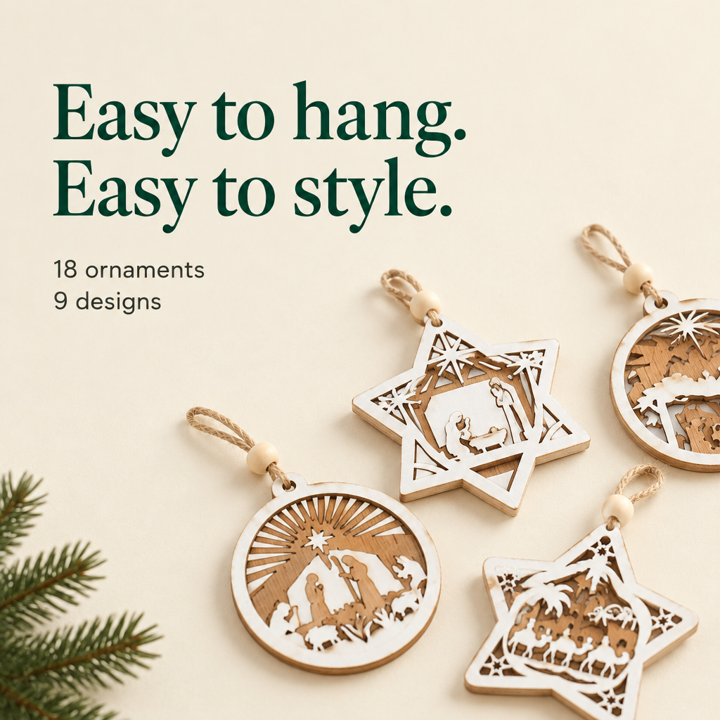 Wooden Nativity Christmas Tree Ornaments – 18 Pack — details