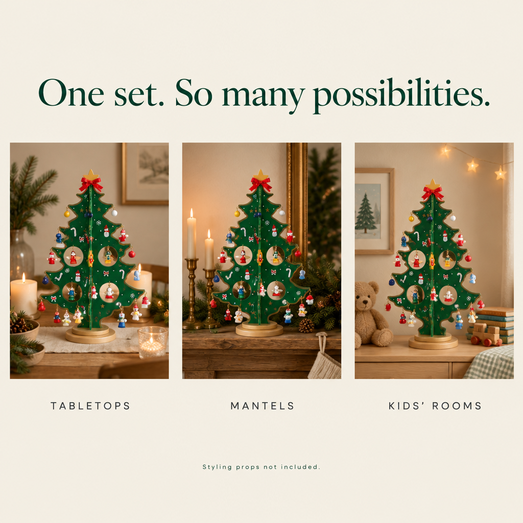 Wooden Tree Advent Calendar with 28 Ornaments — possibilities