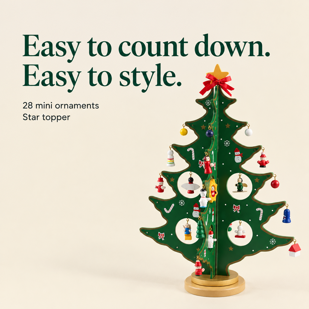 Wooden Tree Advent Calendar with 28 Ornaments — details